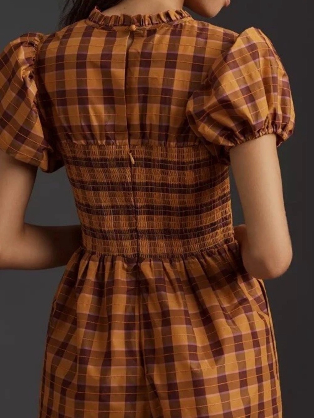Anthropologie Maeve Puff-Sleeve Smocked Plaid Romper - Size Medium - Picture 2 of 15